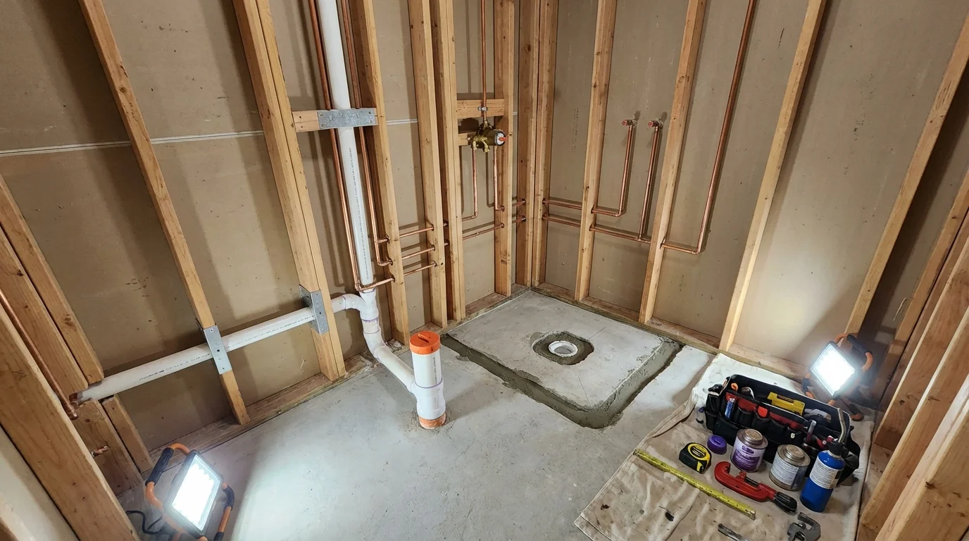Bathroom rough-in plumbing during remodel by Johns Plumbing LLC in Casselton