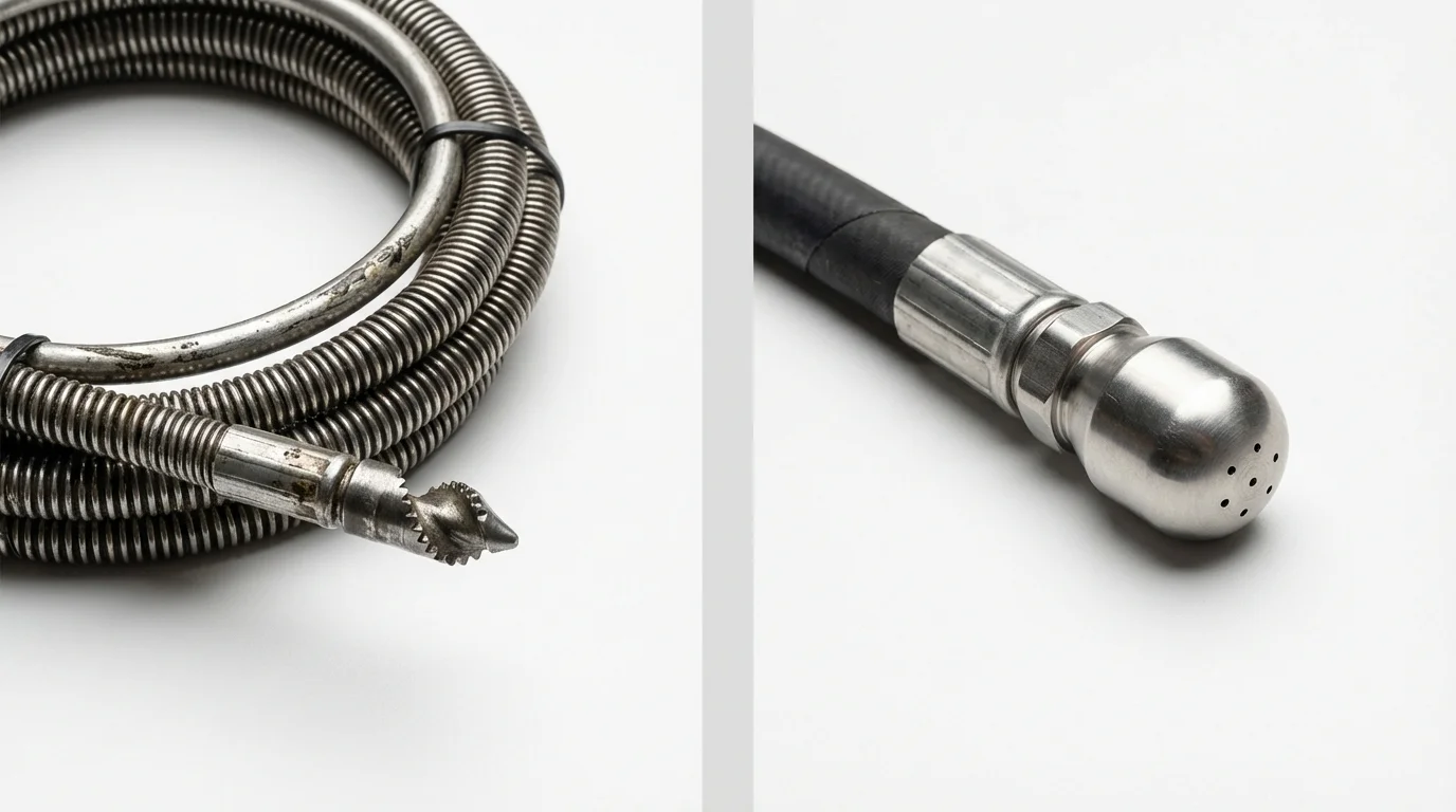 Drain snake cable and hydro jetting nozzle used for drain cleaning in Casselton, ND