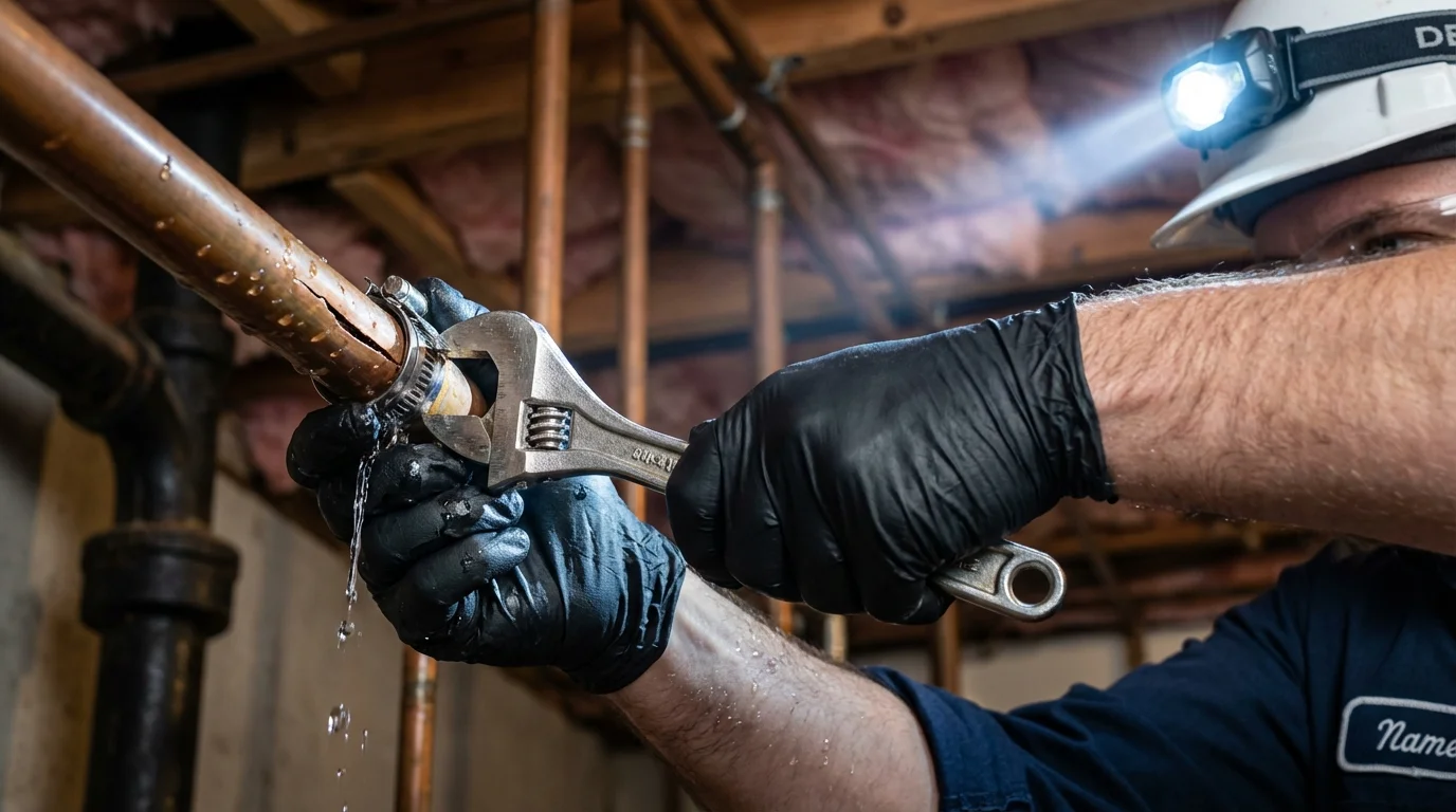 Emergency pipe clamp repair being performed by a Johns Plumbing LLC plumber in Casselton