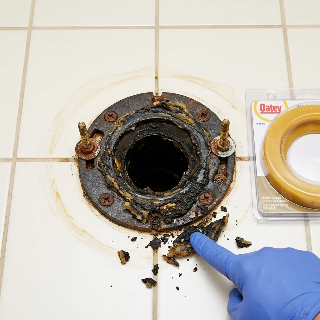 Failed wax ring showing water seepage at the base of a toilet in a Casselton, ND home