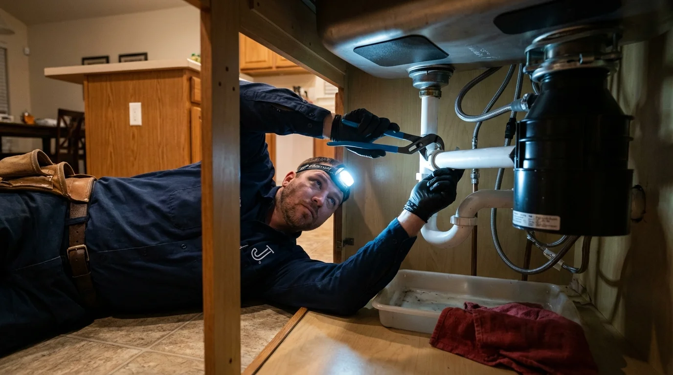 P-trap and supply line connections under a kitchen sink showing a common leak point in Casselton, ND